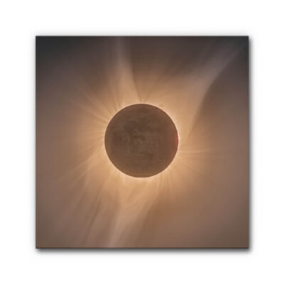 Schalldämmendes Wandbild Sonnenfinsternis mit dunklem Kreis und strahlenförmiger Lichtcorona in warmen Beige- und Goldtönen, minimalistisches kosmisches Motiv, Bild zur Raumakustik.