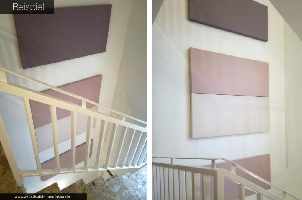 Durch Akustikbilder Ensemble an der langen Treppenhauswand die Akustik im Treppenhaus verbessern