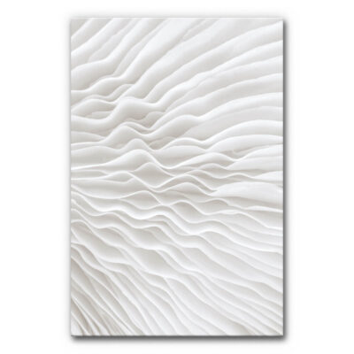 Akustikbild Flow II - Organisch, abstrakt, monochrom. Fließende, weiße Strukturen wie gefaltetes Papier oder Sandwellen im Wind. Sanftes Spiel aus Licht und Schatten. Ruhig, edel, fast meditativ – ideal für minimalistische Räume mit Anspruch.