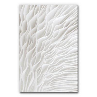 Akustikbild Flow 3 - Organisch, abstrakt, monochrom. Fließende, weiße Strukturen wie gefaltetes Papier oder Sandwellen im Wind. Sanftes Spiel aus Licht und Schatten. Ruhig, edel, fast meditativ – ideal für minimalistische Räume mit Anspruch.