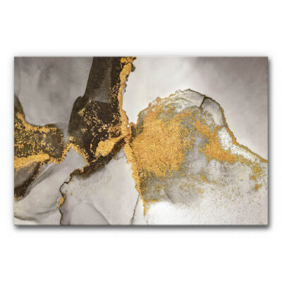 Akustikbild Goldene Tänzer 3 - Abstraktes Bild mit Marmor-Optik in Grau- und Weißtönen, durchzogen von goldenen Strukturen. Die goldenen Partien wirken wie flüssiges Metall oder feines Pulver, das sich über die Fläche zieht. Elegant, ruhig, luxuriös.