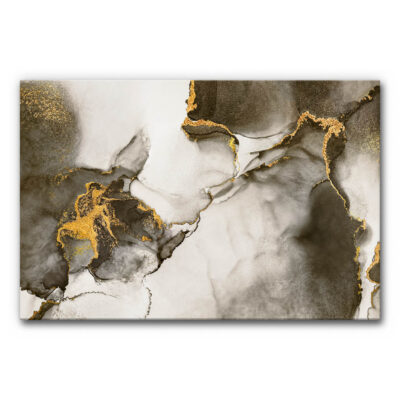 Akustikbild Goldene Tänzer 5 - Abstraktes Bild mit Marmor-Optik in Grau- und Weißtönen, durchzogen von goldenen Strukturen. Die goldenen Partien wirken wie flüssiges Metall oder feines Pulver, das sich über die Fläche zieht. Elegant, ruhig, luxuriös.
