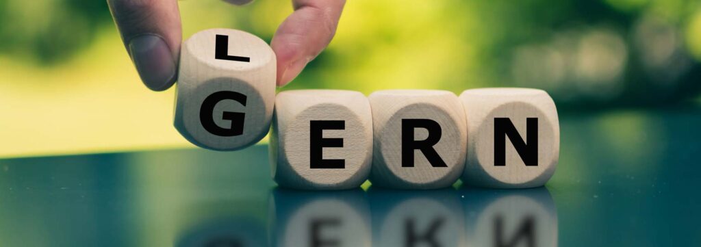 Headerbild mit Buchstaben-Würfeln und symbolischem Wortspiel aus Gern und Lern