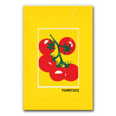 Schallabsorberbild Pop Art Küche mit grafischer Illustration roter Tomaten auf gelbem Hintergrund, stilisierte Food-Art-Darstellung für moderne Wandgestaltung.