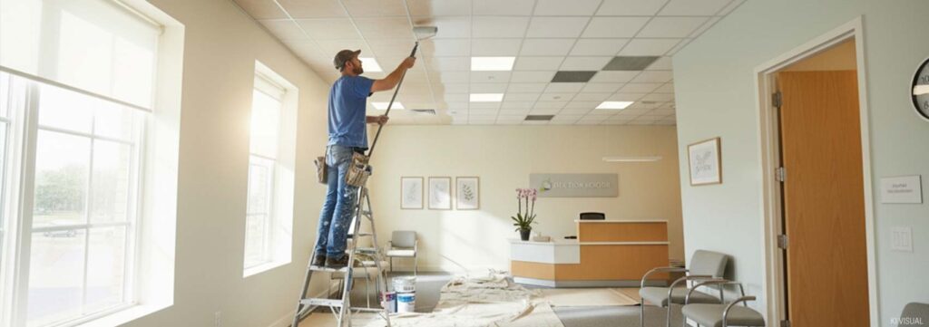 Mann auf einer Leiter, der eine Rasterdecke streicht