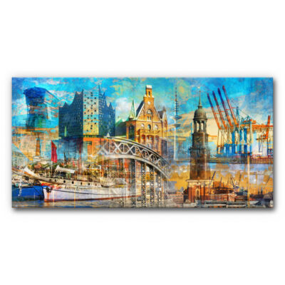 Das Akustikbild Hamburg Architekturcollage zeigt in leuchtenden Farben eine künstlerische Überlagerung ikonischer Hamburger Wahrzeichen wie Elbphilharmonie, Hafenkräne, Speicherstadt, Brücken, Schiffe und Kirchtürme zu einer dynamischen urbanen Szenerie.