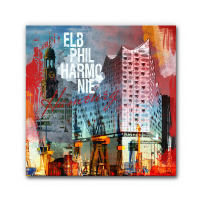 Akustikbild Hamburg Collage Elbphilharmonie kombiniert markante Hamburger Wahrzeichen wie die Elbphilharmonie, den „Michel“ und Hafenkräne in einem künstlerischen, farbenfrohen Mixed-Media-Stil, der moderne Architektur mit industriellem Hafenflair verbindet.