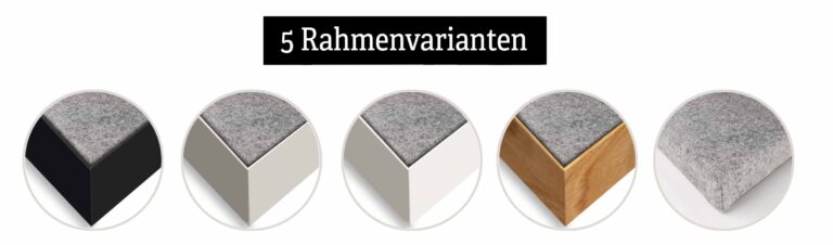 Detailansichten von fünf Rahmenvarianten für Akustikelemente mit Schurwolle