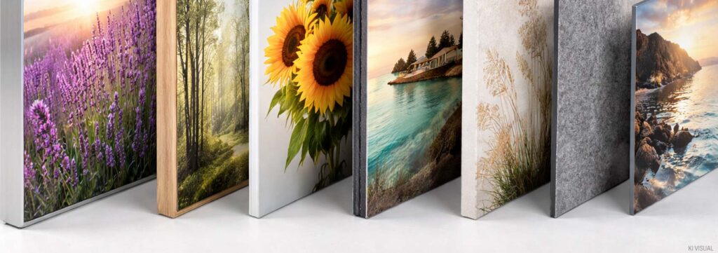 7 verschiedene Bildtypen stehen nebeneinander: Akustikbild, Wandbild mit Holzrahmen, Leinwandbild, bedruckte Absorberplatte, Dibond-Bild, Metallplatte mit Fotodruck sowie Acrylglasplatte mit Fotodruck