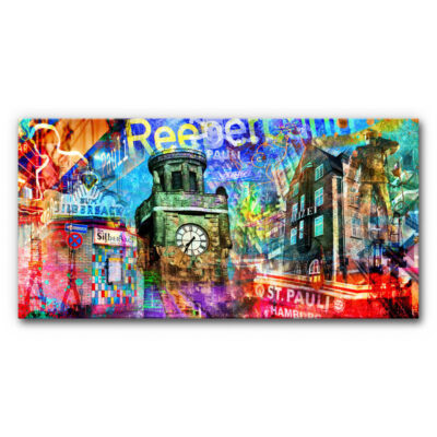 Das Akustikbild Hamburg St. Pauli Collage zeigt in einer farbintensiven, urbanen Bildkomposition ikonische Motive des Stadtteils wie den Uhrenturm an den Landungsbrücken, Reeperbahn-Schriftzüge, das Millerntor-Stadion, historische Gebäude und neonleuchtende Szenen des pulsierenden Nachtlebens.
