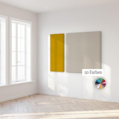 zwei akustikelemente an einer weißen wand in den Farben Gelb und Grau