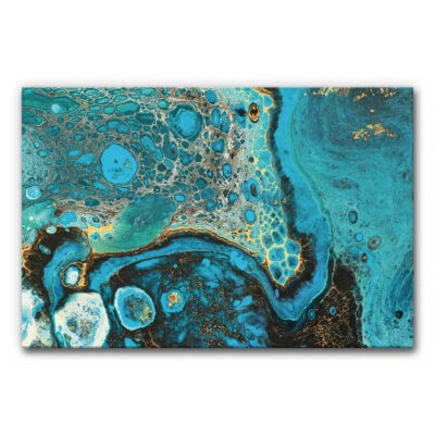 Akustikbild Inner Ocean in Türkis und Gold mit abstrakter Fluid-Art-Struktur, organische Formen in Türkis, Petrol, Schwarz und feinen goldenen Akzenten.