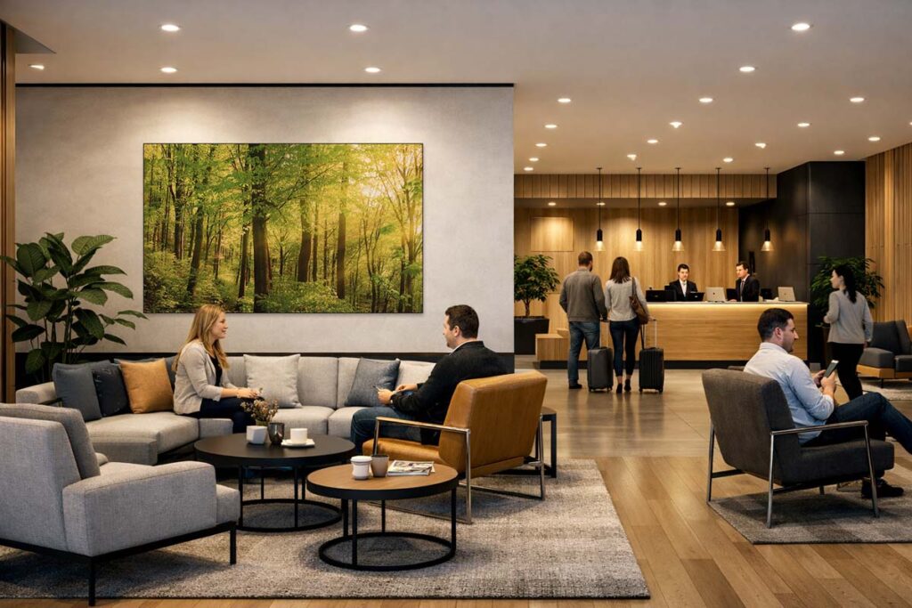 Wandbild mit Waldmotiv im Wartebereich einer Lobby