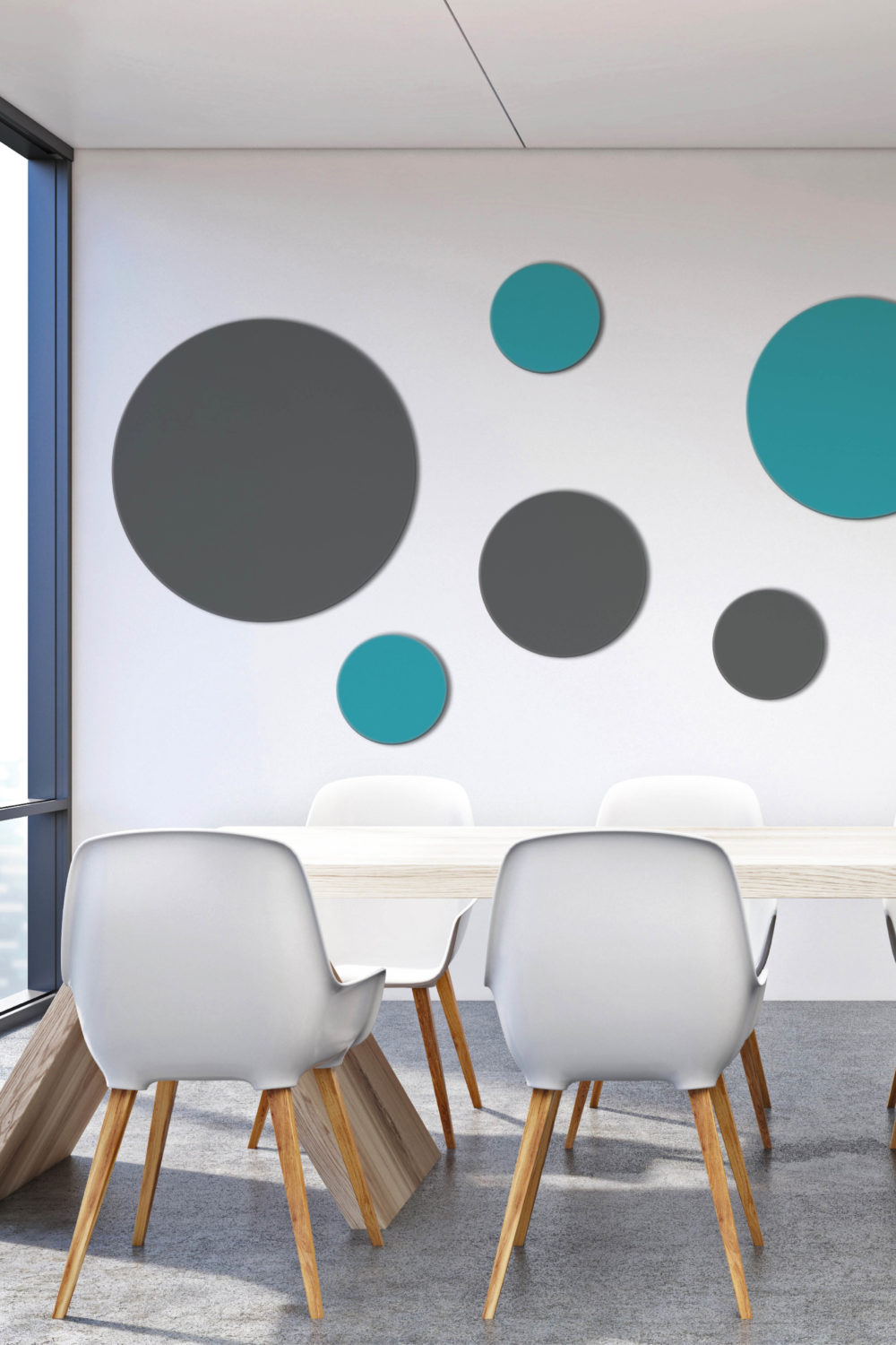 Runde Schallabsorber (Akustikkreise, runde Akustikbilder) in Blau und Anthrazit