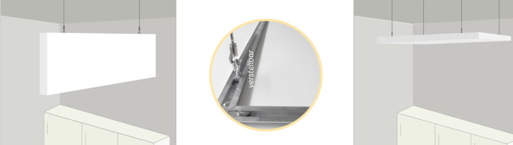 Schematische Darstellung zur Montage Schallabsorberplatten mittels Abhängen an Seilen