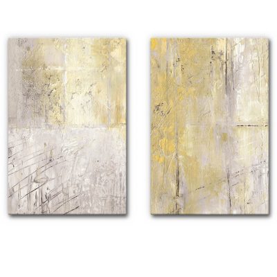 Design-Akustikbild 2er Set mit texturierter Oberfläche in Beige, Creme und Gold, abstrakte Struktur mit feinen Linien und ruhiger, moderner Optik.