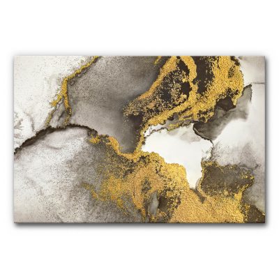 Akustikbild moderne Wandgestaltung mit Gold, abstrakte graue und beige Farbflächen mit intensiven goldenen Akzenten und fließenden Strukturen, elegantes schallminderndes Wandbild.