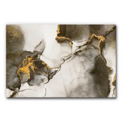 Akustikbild abstrakte Kunst mit Goldakzenten, fließende graue und beige Farbflächen mit feinen goldenen Strukturen, elegantes schallminderndes Wandbild.