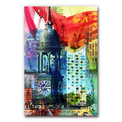 Das Akustikbild Hamburg Michel und Elphi kombiniert die ikonische Silhouette der Hauptkirche St. Michaelis mit der modernen Glasfassade der Elbphilharmonie vor einer dynamischen Kulisse aus Hafenkränen und der im Hintergrund wehenden Hamburger Flagge.