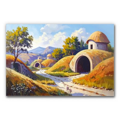 Psychologisches Akustikbild Innenwelten mit einer sonnigen, wohligen Landschaft aus Erdhäusern die an einen Weg liegen.