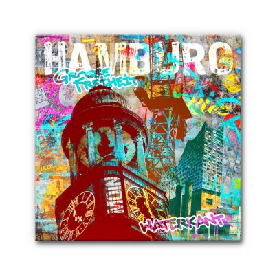 Das Akustikbild Hamburg Graffiti Collage vereint ikonische Wahrzeichen wie den „Michel“ und die Elbphilharmonie mit urbanen Schriftzügen wie „Grosse Freiheit“ und „Waterkant“ in einem explosiven, farbenfrohen Street-Art-Design, das die lebendige Energie der Hansestadt widerspiegelt.