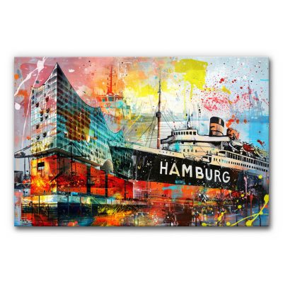 Das Akustikbild Hamburg Pop Art zeigt die moderne Architektur der Elbphilharmonie und ein imposantes Schiff mit dem Schriftzug „HAMBURG“ vor einer maritimen Hafenkulisse, die durch dynamische Farbspritzer und eine lebendige, abstrakte Komposition im Pop-Art-Stil künstlerisch in Szene gesetzt wird.