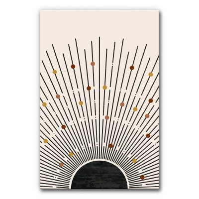 Schallminderndes Wandbild mit abstrakter Sonnenform, schwarzer Kreis mit strahlenförmigen Linien und Punkten in Ocker- und Brauntönen auf hellem Hintergrund, modernes Akustikbild.