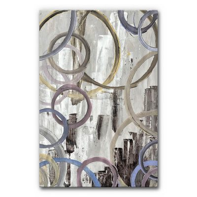 Schallschutz Wandbild künstlerische Formen zeigt eine abstrakte Malerei mit vielfach überlappenden Kreisformen, sichtbaren Pinselspuren und einer ruhigen, rhythmischen Gesamtwirkung auf hellem Hintergrund.