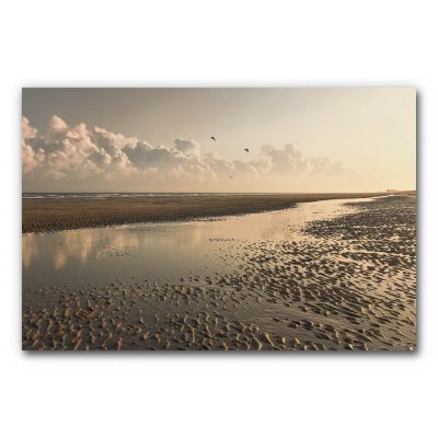 Akustikbild Wattenmeer zeigt eine weite Wattlandschaft im warmen Abendlicht, in der sich der Himmel mit weichen Wolken im seichten Wasser spiegelt und einige Vögel über der Küste fliegen.