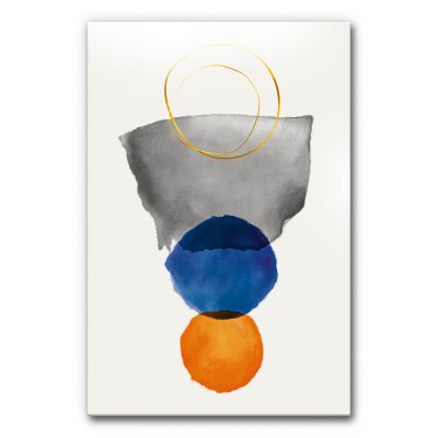 Schalldämmendes Wandbild abstrakte Kunst zeigt eine gemalte, minimalistische Komposition aus weich verlaufenden Flächen mit übereinander liegenden Formen und zwei feinen, goldenen Kreislinien im oberen Bildbereich.