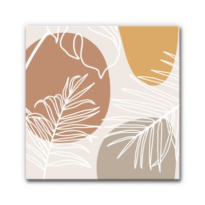 Akustisches Wandbild grafische Blätter zeigt stilisierte Blattzeichnungen mit feinen Linien vor abstrakten, weich geformten Flächen, die eine ruhige und ausgewogene Bildwirkung erzeugen.