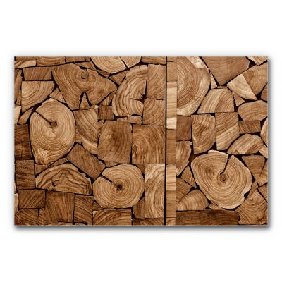 Design Akustikbild Naturholz mit angeschnittenen Holzscheiben, sichtbaren Jahresringen und warmen Brauntönen, dicht angeordnete Holzstruktur, natürliches schallminderndes Wandbild.
