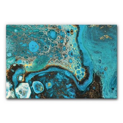 Akustikbild Inner Ocean in Türkis und Gold mit abstrakter Fluid-Art-Struktur, organische Formen in Türkis, Petrol, Schwarz und feinen goldenen Akzenten.