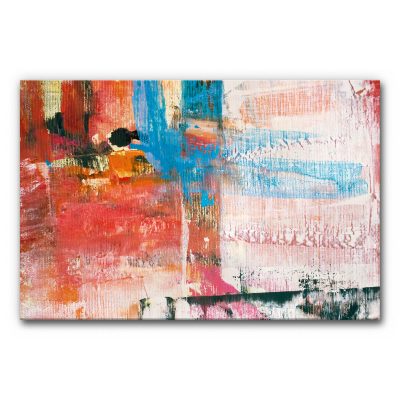 Akustikbild mit expressiven Pinselstrichen in Rot, Koralle, Türkis und Weiß, abstrakte Malerei mit kräftigen Farbflächen und sichtbarer Leinwandstruktur.