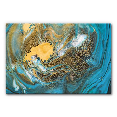 Akustikbild mit Fluid Art in Blau und Gold, abstrakte Komposition mit fließenden Strukturen in Blau, Türkis, Schwarz und goldenen Akzenten mit marmorierter Optik.