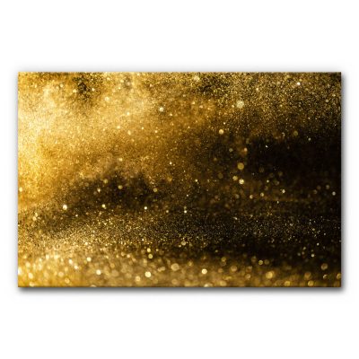 Schallabsorberbild mit Goldoptik, abstrakte goldene Textur mit schimmernden Partikeln und Lichtpunkten auf dunklem Grund, elegantes schallminderndes Wandbild.