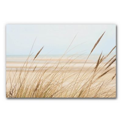 Akustikbild Düne 4 - Heller Sandstrand, vorne trockenes Dünengras, im Hintergrund ruhiges Meer, blasser Himmel, sanfte Farben, ruhige Atmosphäre.