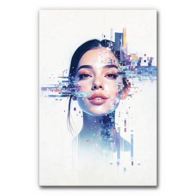 Design Akustikbild digitale Identität mit abstraktem Frauenporträt, das aus digitalen Fragmenten besteht. Modernes schallminderndes Wandbild in Blau- und Pastelltönen.