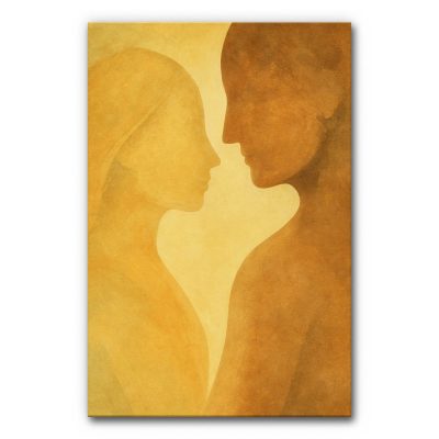 Akustikbild Begegnung zeigt die Silhouetten eines Paares das nah bei einander steht und deren Gesichter einander anschauen.