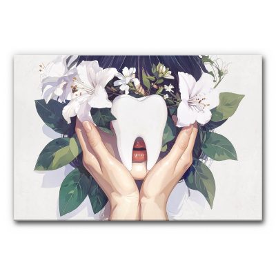 Akustikbild Gesunde Kraft zeigt ein überdimensionales, strahlend weißes Zahnmodell, das vor dem Mund einer Person gehalten wird, eingerahmt von zwei Händen, dunklem Haar und opulenten weißen Lilien und grünen Blättern.