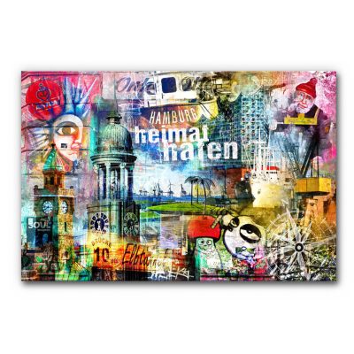 Akustikbild Hamburg Heimathafen vereint den Pegelturm der Landungsbrücken, die Elbphilharmonie und maritime Motive mit dem zentralen Schriftzug „Heimathafen“ in einer vielschichtigen Collage aus Street-Art-Elementen, Hafenflair und urbanen Symbolen.