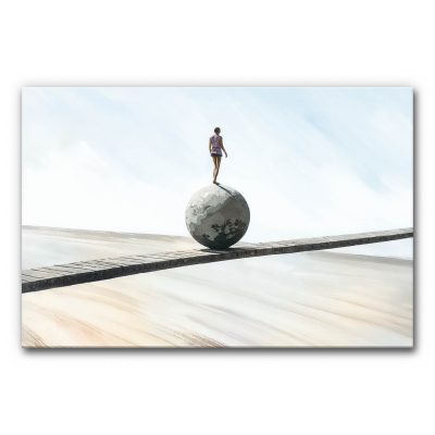 Akustikbild Schmaler Grat zeigt eine Person, die vorsichtig auf einem schmalen Holzsteg über eine große Kugel in einer weiten, hellen Landschaft balanciert.
