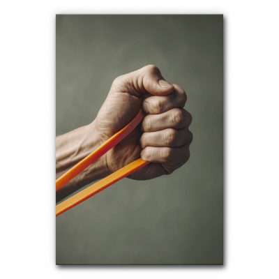 Akustikbild Mit Kraft zeigt eine Hand die ein Theraband spannt.