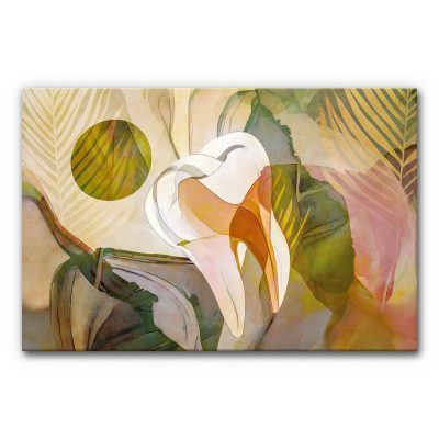 Akustikbild der Zahn 2 zeigt ein transparent aufgebautes Aquarellmotiv mit einem zentralen Zahn, umgeben von floralen, palmblattartigen Formen in warmen Naturtönen.