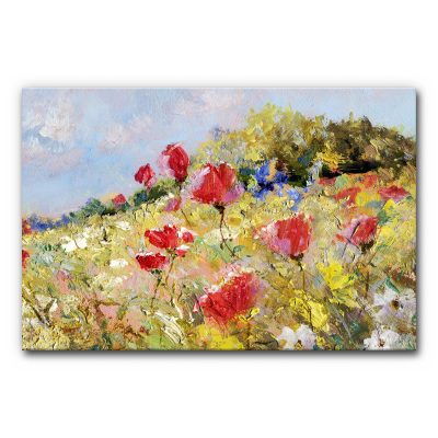 Akustikbild impressionistische Malerei mit rotem Mohnfeld, gelbgrüner Blumenwiese und lockerem Pinselauftrag unter hellem Himmel, schallminderndes Wandbild zur Verbesserung der Raumakustik