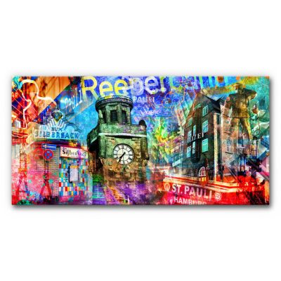 Das Akustikbild Hamburg St. Pauli Collage zeigt in einer farbintensiven, urbanen Bildkomposition ikonische Motive des Stadtteils wie den Uhrenturm an den Landungsbrücken, Reeperbahn-Schriftzüge, das Millerntor-Stadion, historische Gebäude und neonleuchtende Szenen des pulsierenden Nachtlebens.
