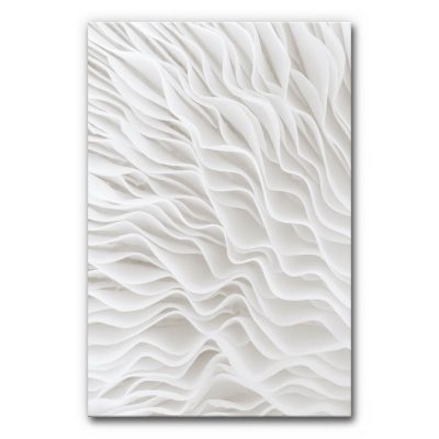 Akustikbild Flow I - Organisch, abstrakt, monochrom. Fließende, weiße Strukturen wie gefaltetes Papier oder Sandwellen im Wind. Sanftes Spiel aus Licht und Schatten. Ruhig, edel, fast meditativ – ideal für minimalistische Räume mit Anspruch.