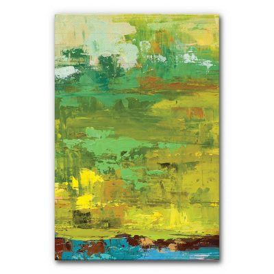 Schallabsorberbild abstraktes Naturmotiv mit vielschichtigen Farbflächen in Grün, Gelb und Ocker, expressive abstrakte Malerei mit strukturierter Oberfläche, schallminderndes Akustikbild zur Raumakustik.