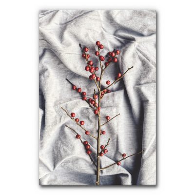 Akustikbild Christmas Dekor 4 - Ein leicht symmetrisches Bild eines vertikalen Weihnachtszweiges in der Mitte eines hell-grauen Tuchs.