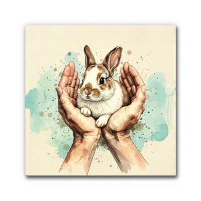 Akustikbild Alles wird gut zeigt ein kleines, braun-weißes Kaninchen, das behütet in zwei menschlichen Händen liegt, dargestellt in einem Aquarell- oder Tuschestil mit türkisfarbenen Farbspritzern im Hintergrund.